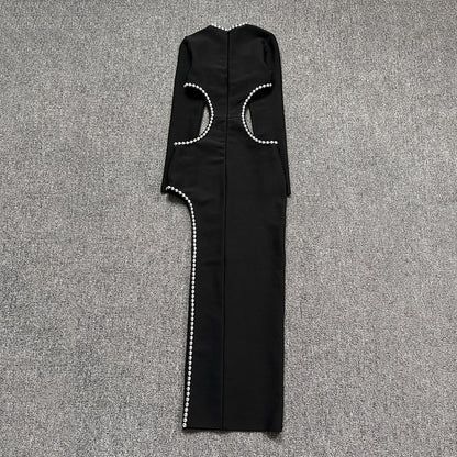 Levoire | Noir O-Top Découpe Perle Décoré Robe Longue