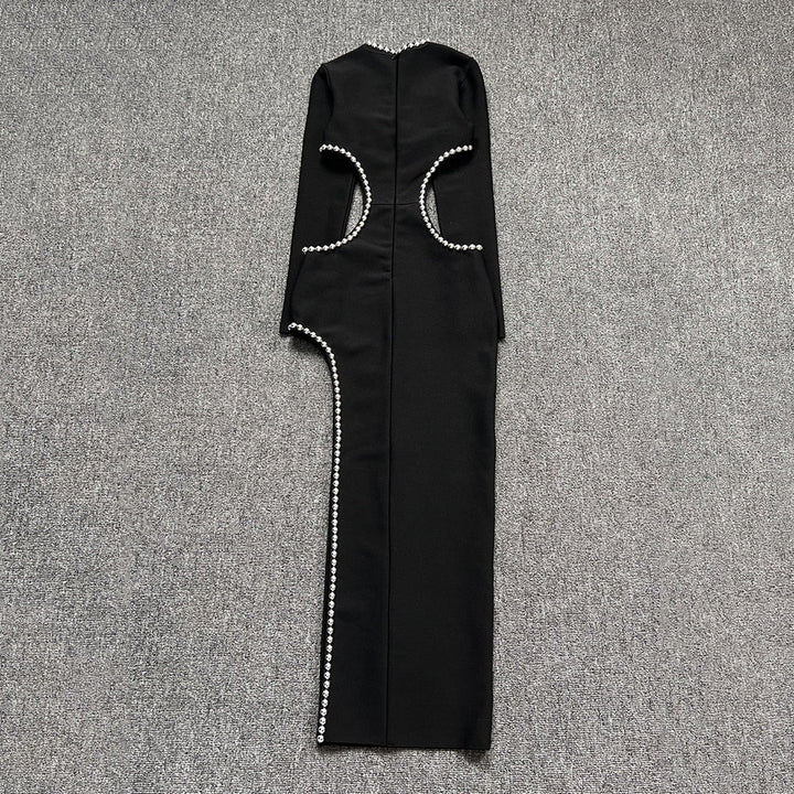 Levoire | Noir O-Top Découpe Perle Décoré Robe Longue