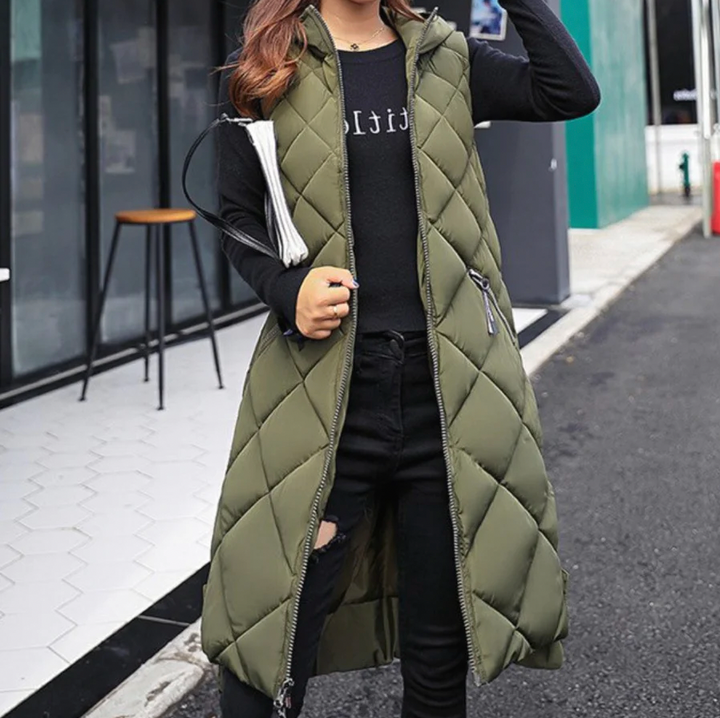 Levoire | Long Puffer Style Quilted Vest With Hood For Women