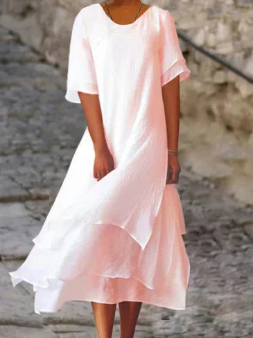 Levoire | Haut Encolure Ronde Manches Courtes Coton Lin Rose