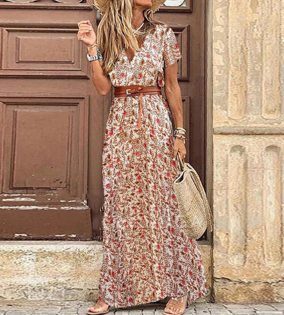 Levoire | Robe Maxi À Col En V À Manches Courtes Rouge-Blanc