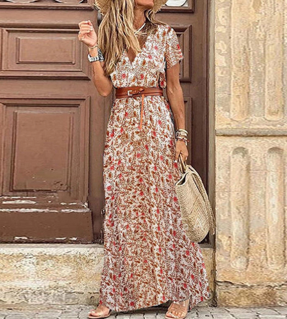Levoire | Robe Maxi Boho À Col En V À Manches Courtes Rot-1