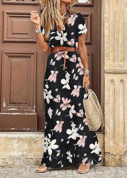 Levoire | Robe Maxi Boho À Col En V À Manches Courtes