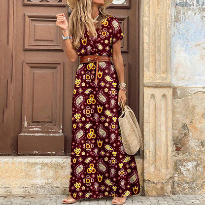 Levoire | Robe Maxi Boho À Col En V À Manches Courtes