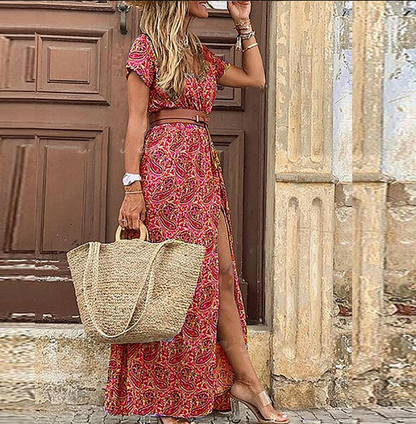 Levoire | Robe Maxi Boho À Col En V À Manches Courtes Rot-2