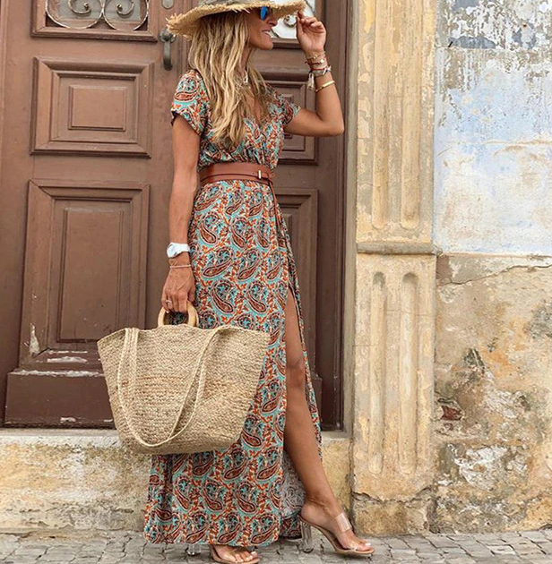 Levoire | Robe Maxi Boho À Col En V À Manches Courtes Braun