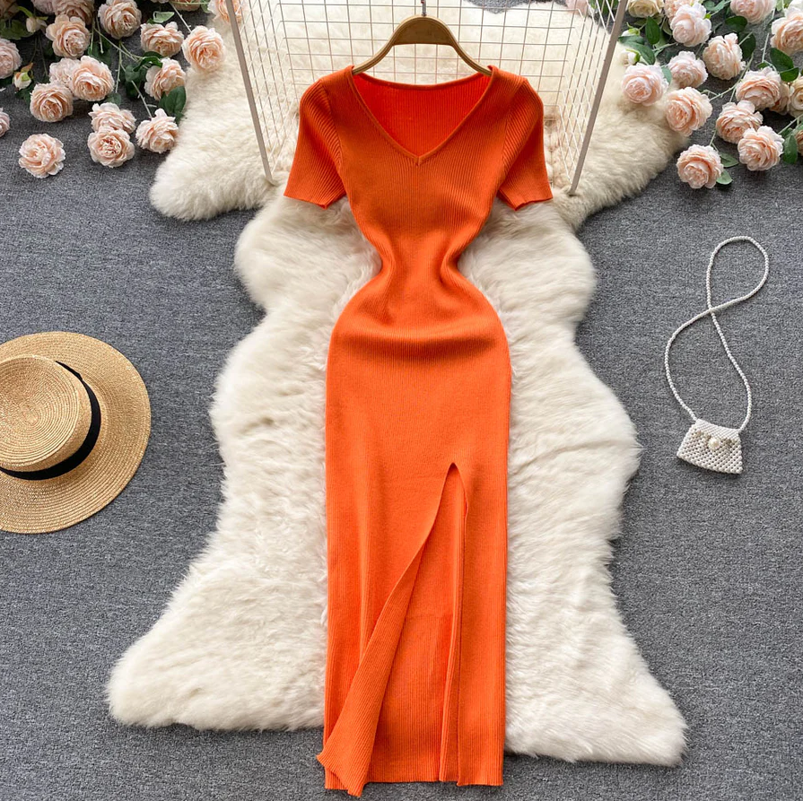 Levoire | Robe Carrée Cintrée Fendue Tricot Orange Une taille