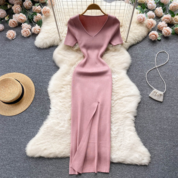 Levoire | Robe Carrée Cintrée Fendue Tricot Rose Une taille