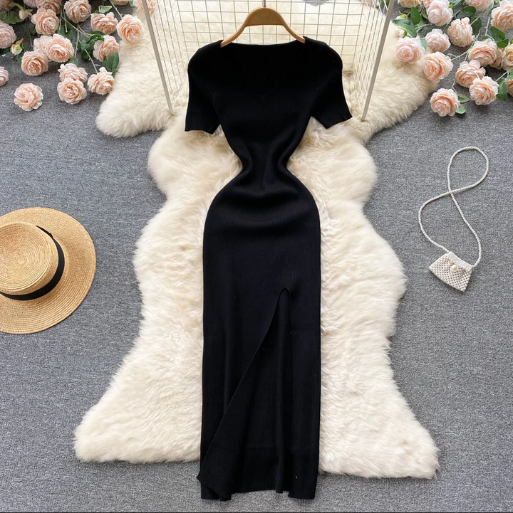 Levoire | Robe Carrée Cintrée Fendue Tricot Noir Une taille