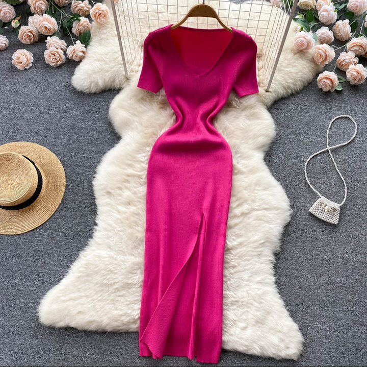 Levoire | Robe Carrée Cintrée Fendue Tricot Rose Rouge Une taille