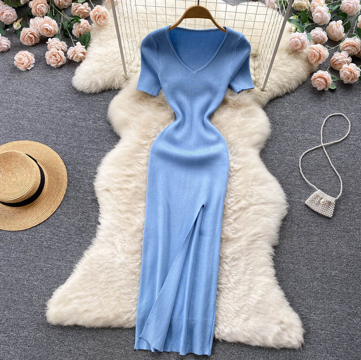 Levoire | Robe Carrée Cintrée Fendue Tricot Bleu Une taille