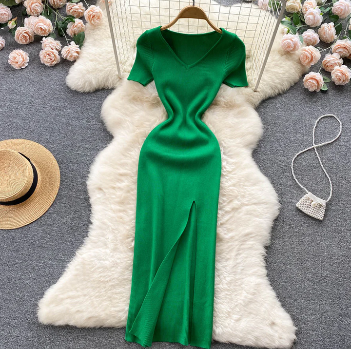 Levoire | Robe Carrée Cintrée Fendue Tricot Vert Une taille