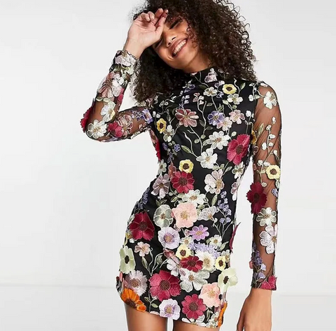 Levoire | Robe Mini À Manches Longues Brodée De Fleurs Noir