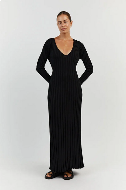 Levoire | Robe mi-longue à encolure en V et manches Noir