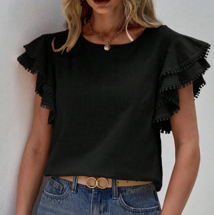 Levoire | Haut Chic Avec Volants Et Manches Courtes Pour Femmes Noir