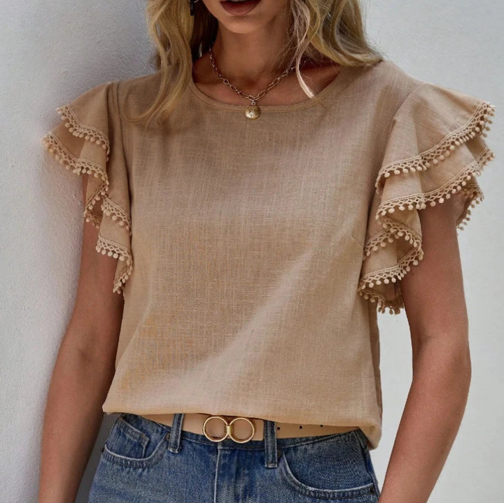 Levoire | Haut Chic Avec Volants Et Manches Courtes Pour Femmes Beige