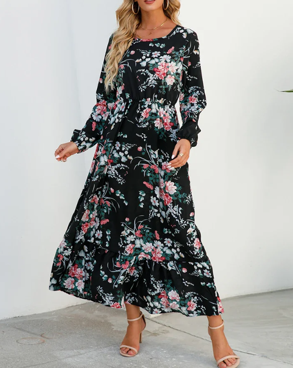 Levoire | Robe Bohémienne À Motif Floral Noir (fleurs roses)