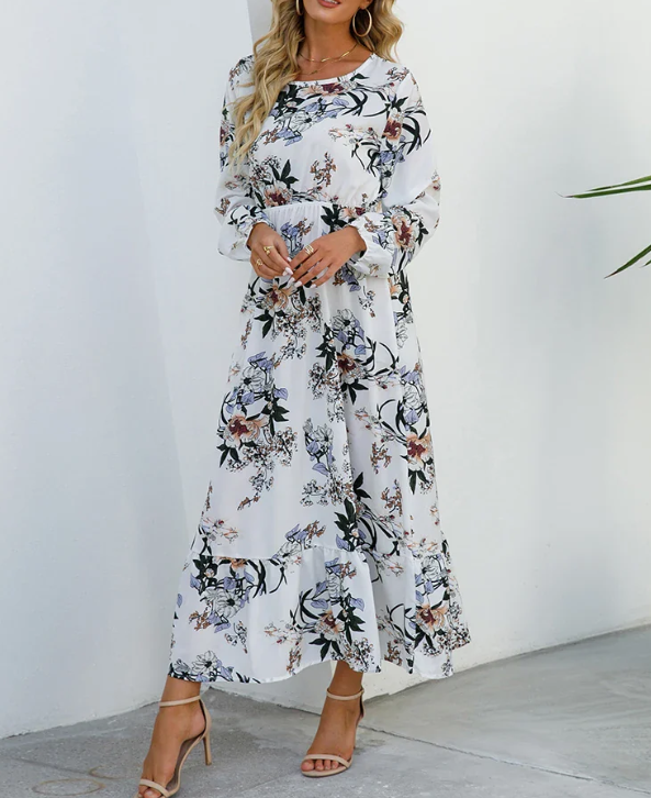Levoire | Robe Bohémienne À Motif Floral Blanc (fleurs couleur abricot)