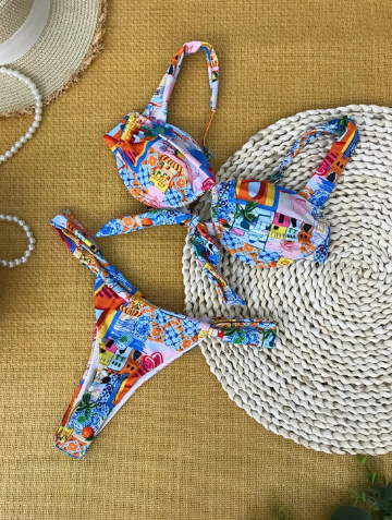 Levoire | Bikini Bleu, Respirant Avec Motif Floral Bleu