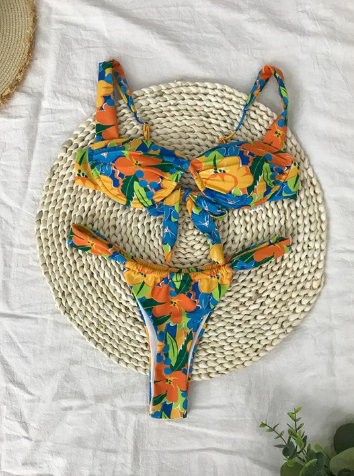 Levoire | Bikini Bleu, Respirant Avec Motif Floral Orange