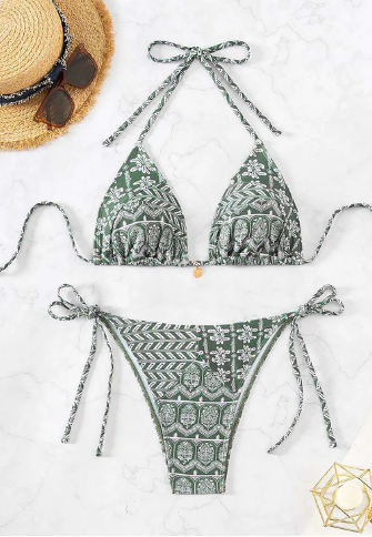 Levoire | Bikini Imprimé Bleu Avec Décolleté En V Vert
