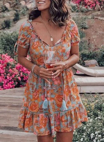Levoire | Robe Boho Avec Volants Et Imprimé Floral Orangegrise