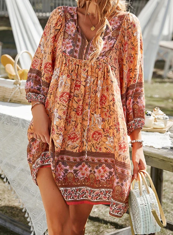 Levoire | Robe Boho Avec Impression Florale Vintage Orange