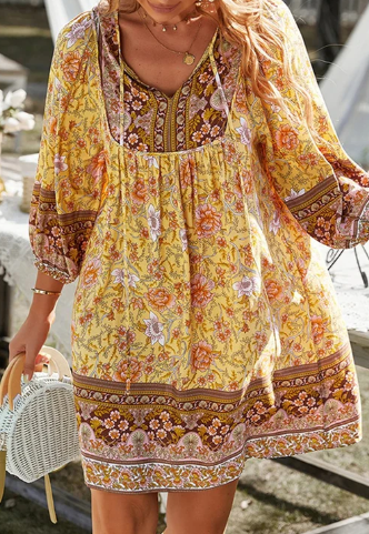 Levoire | Robe Boho Avec Impression Florale Vintage Jaune