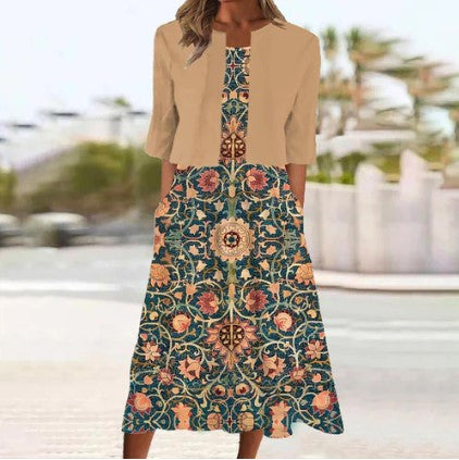 Levoire | Robe Midi Couleur Café Avec Manches Mi-Longues Et Imprimé