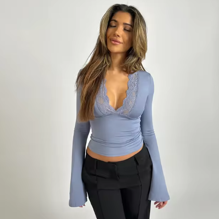 Levoire | Haut Top En Dentelle À Manches Cloche Pour Femmes Bleu clair