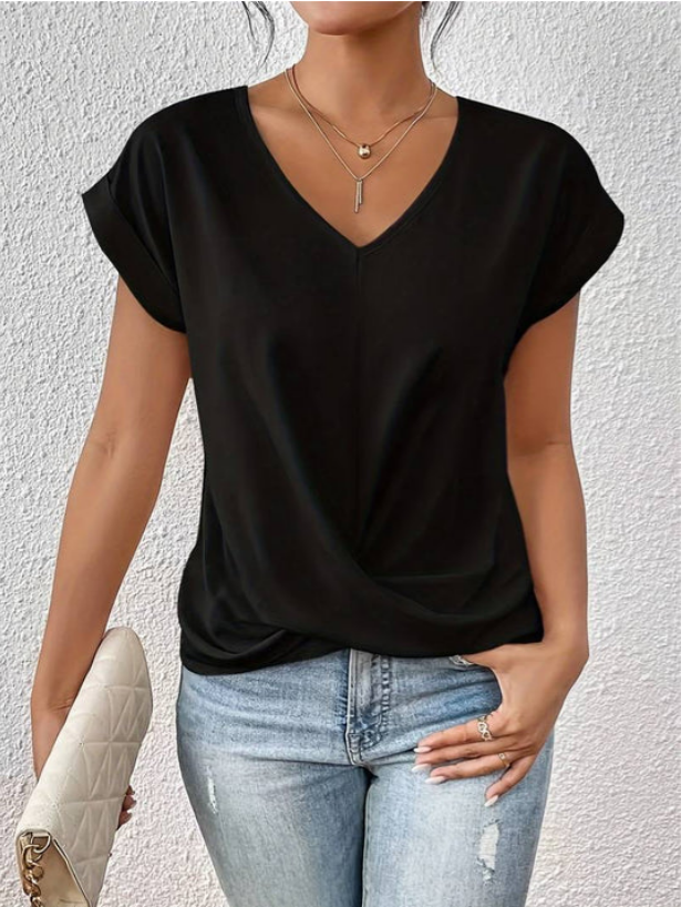 Levoire | T-Shirt Décontracté Drapé À Col En V Pour Femmes Noir