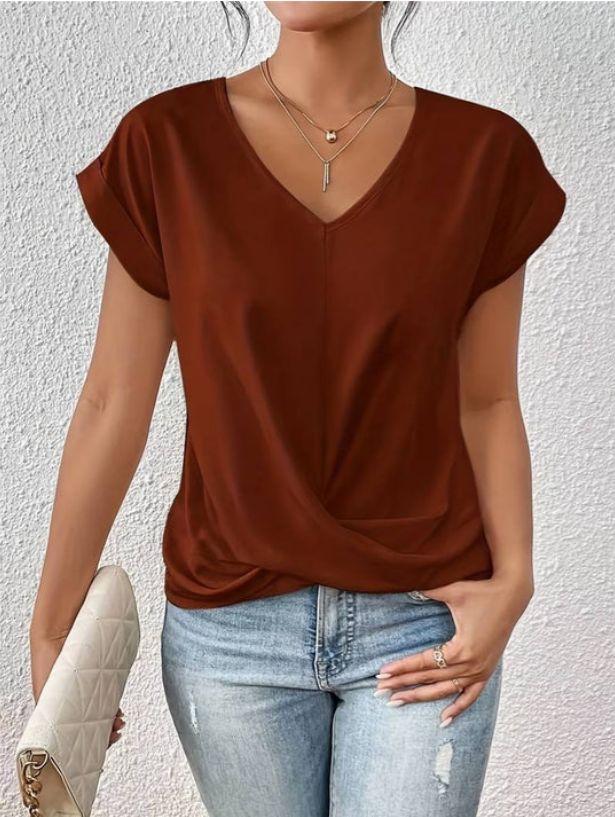Levoire | T-Shirt Décontracté Drapé À Col En V Pour Femmes Braun