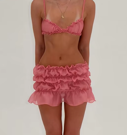 Levoire | Volant Plage Ruché Cordon Jupe Crop Top Ensemble