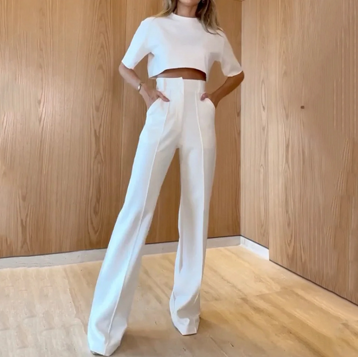 Levoire | Ensemble femme deux pièces pantalon à jambes larges & haut à encolure en O avec manches 3/4 Blanc