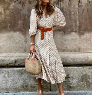 Levoire | Élégante Robe Midi À Manches Longues Avec Impression