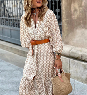 Levoire | Élégante Robe Midi À Manches Longues Avec Impression