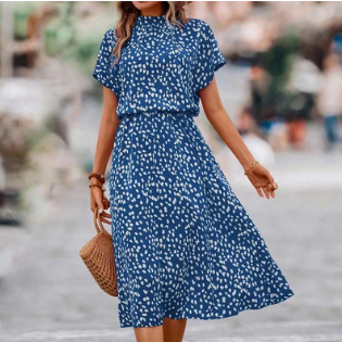 Levoire | Robe Midi Imprimée Bleue Avec Col Rond