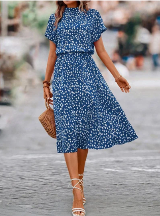 Levoire | Robe Midi Imprimée Bleue Avec Col Rond