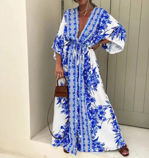 Levoire | Robe Maxi Boho Imprimée Ethnique Bleu
