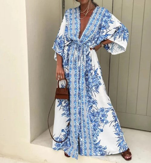 Levoire | Robe Maxi Boho Imprimée Ethnique Bleu clair