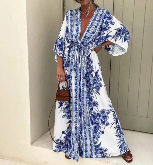 Levoire | Robe Maxi Boho Imprimée Ethnique Bleu foncé