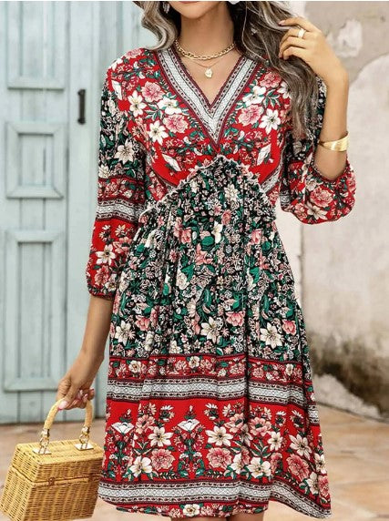 Levoire | Robe Boho Imprimée À Manches Courtes Pour Femmes Rouge vert