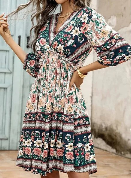 Levoire | Robe Boho Imprimée À Manches Courtes Pour Femmes Bleu marron