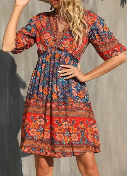 Levoire | Robe Boho Imprimée À Manches Courtes Pour Femmes Rot bleu