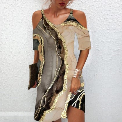 Levoire | Robe Mini Sans Épaules Gris Doré Avec Éclaboussures De Marbre