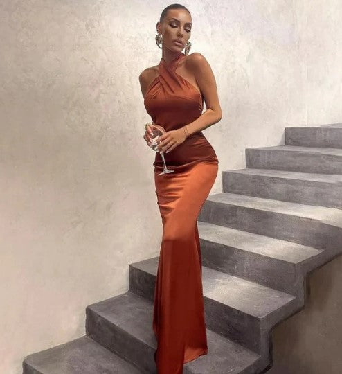 Levoire | Vert-Noir-Brun Robe Maxi En Satin Braun