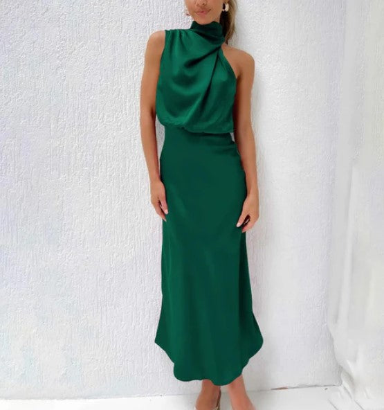 Levoire | Robe Maxi Dos Nu En Satin Vert Champagne Et Noir Vert
