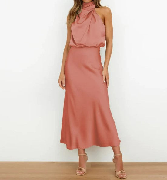 Levoire | Robe Maxi Dos Nu En Satin Vert Champagne Et Noir Rose maudit