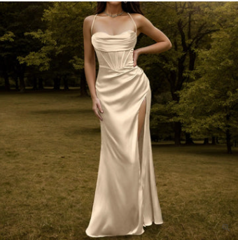 Levoire | Robe Maxi En Velours Satin Grenu Et Soyeux Marron clair