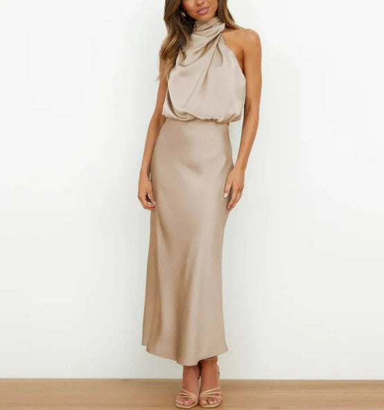 Levoire | Robe Maxi Dos Nu En Satin Vert Champagne Et Noir Marron clair